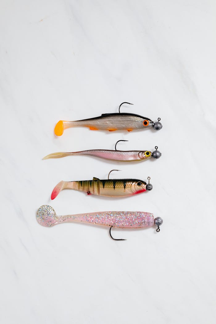Top view of assorted fishing lures on a white surface, ideal for fishing enthusiasts.
